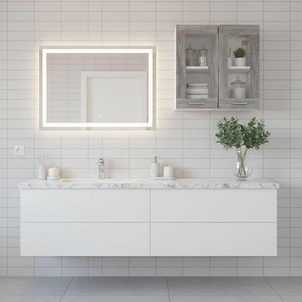 Grijze glazen wandkast in badkamer