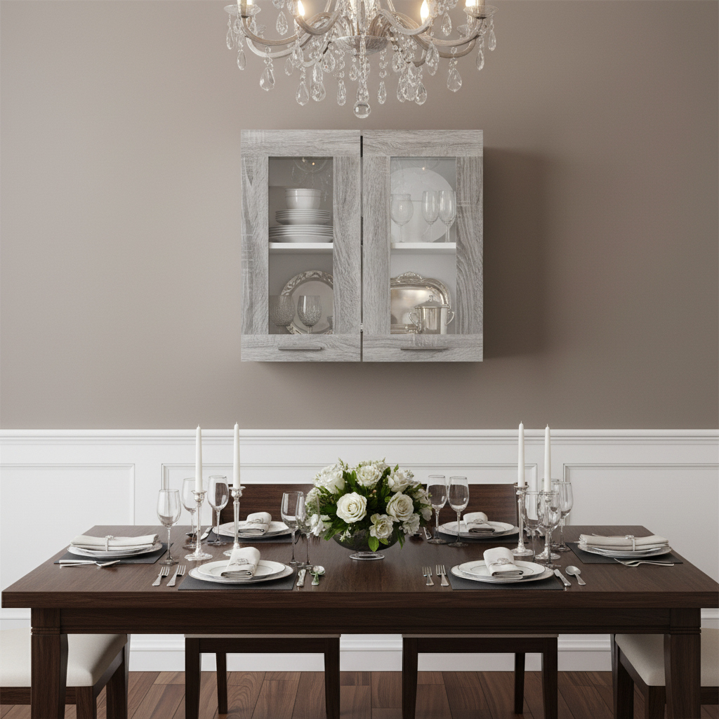 Grijze glazen wandkast in eetkamer