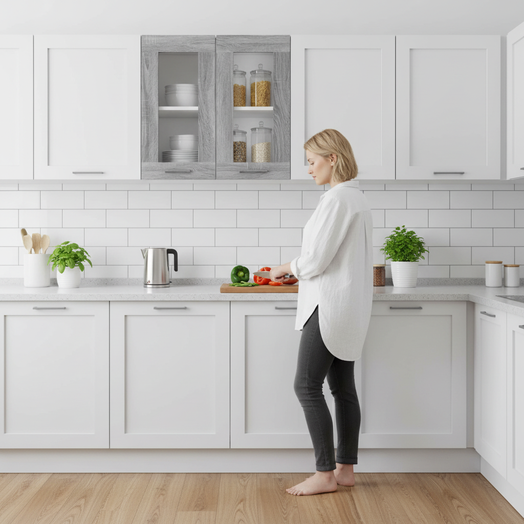 Grijze glazen wandkast in moderne keuken