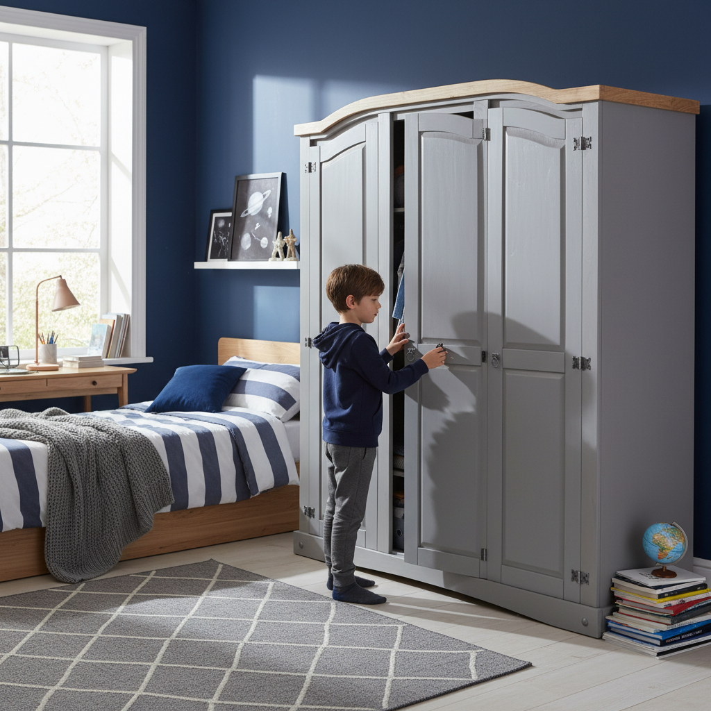 Grijze kledingkast in jongenskamer