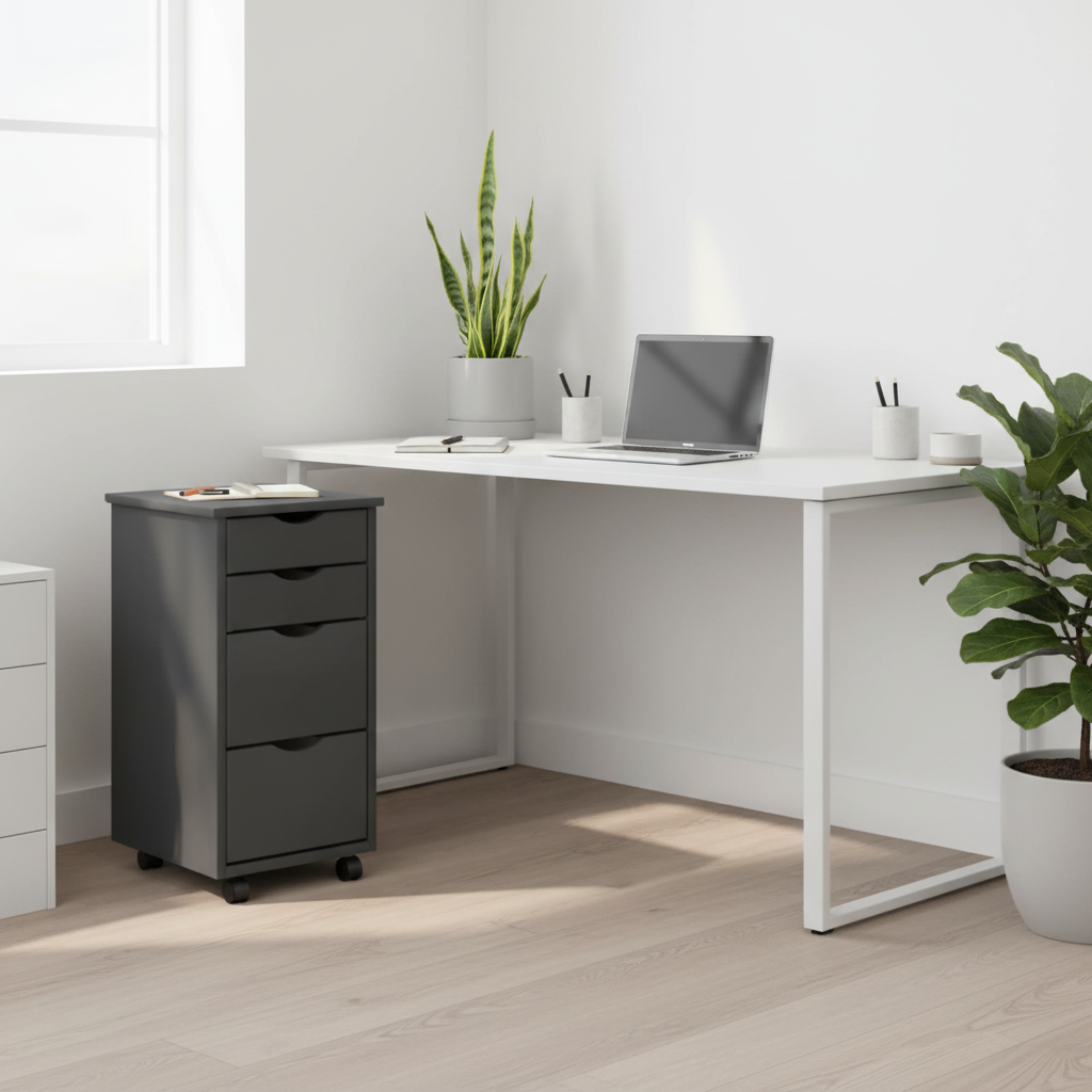 Grijze ladekast in modern minimalistisch thuiskantoor