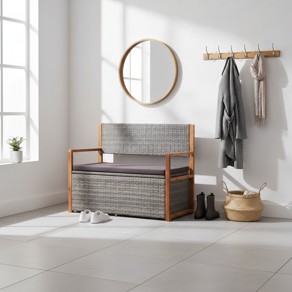 Grijze opbergbank in Scandinavische entree