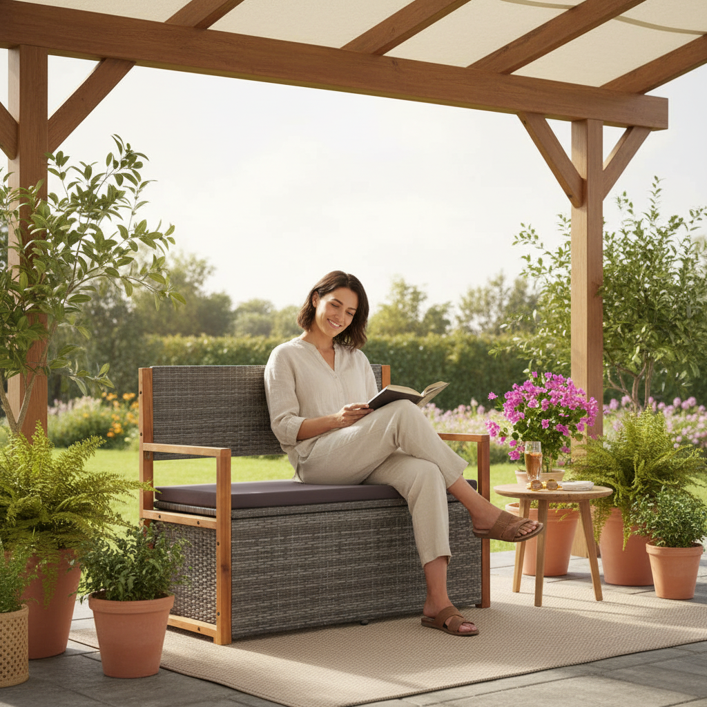 Grijze opbergbank op terras