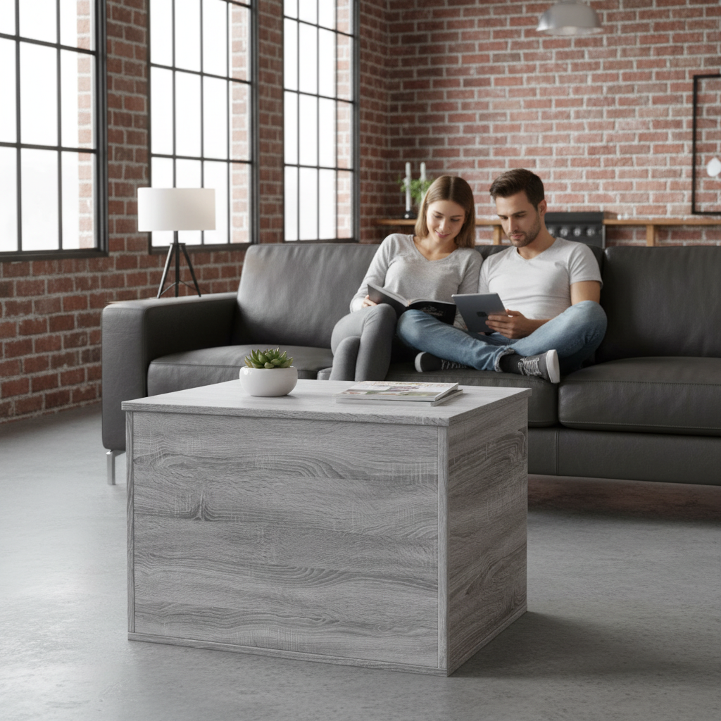 Grijze opbergkist gesloten als salontafel