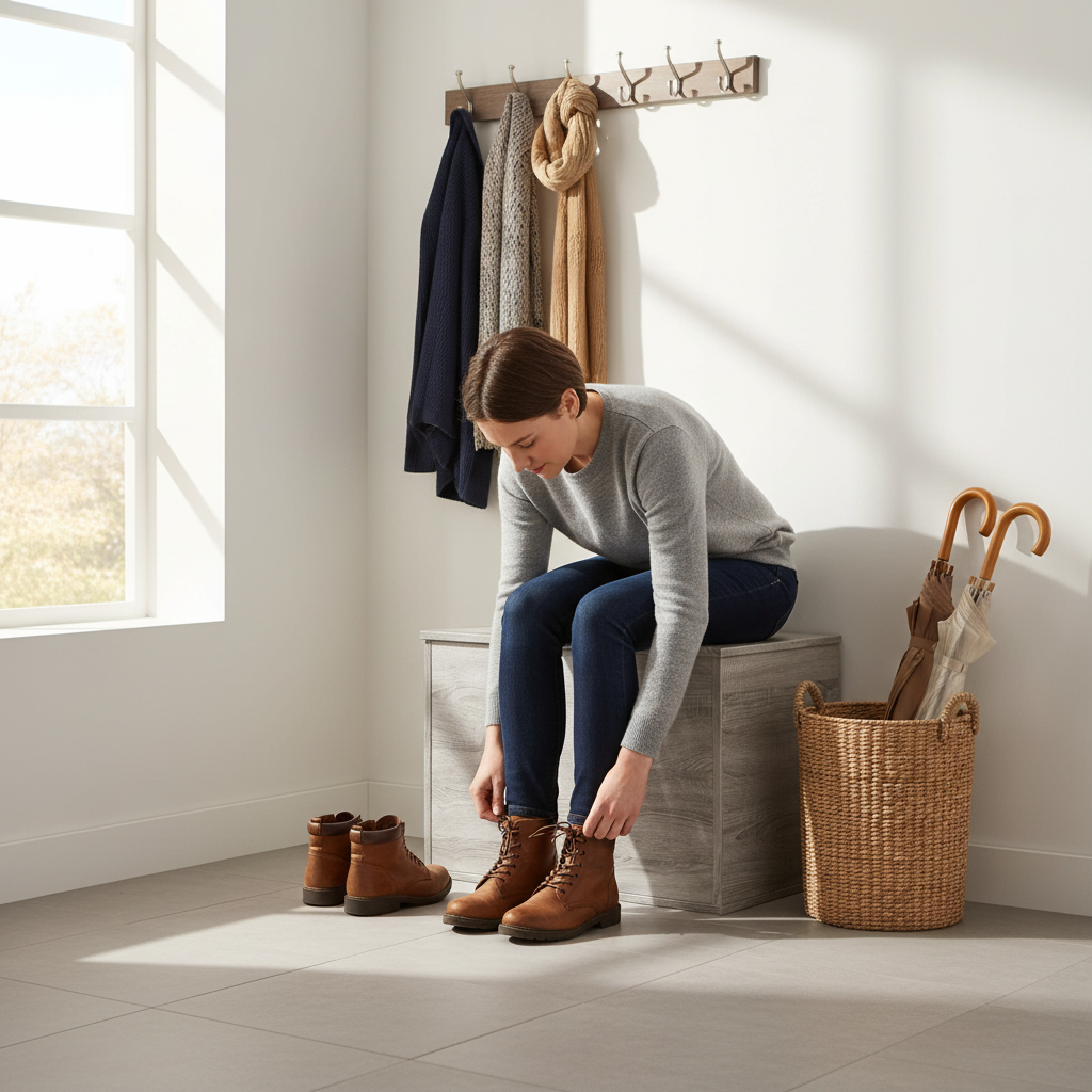 Grijze opbergkist gesloten als zitbank in entree