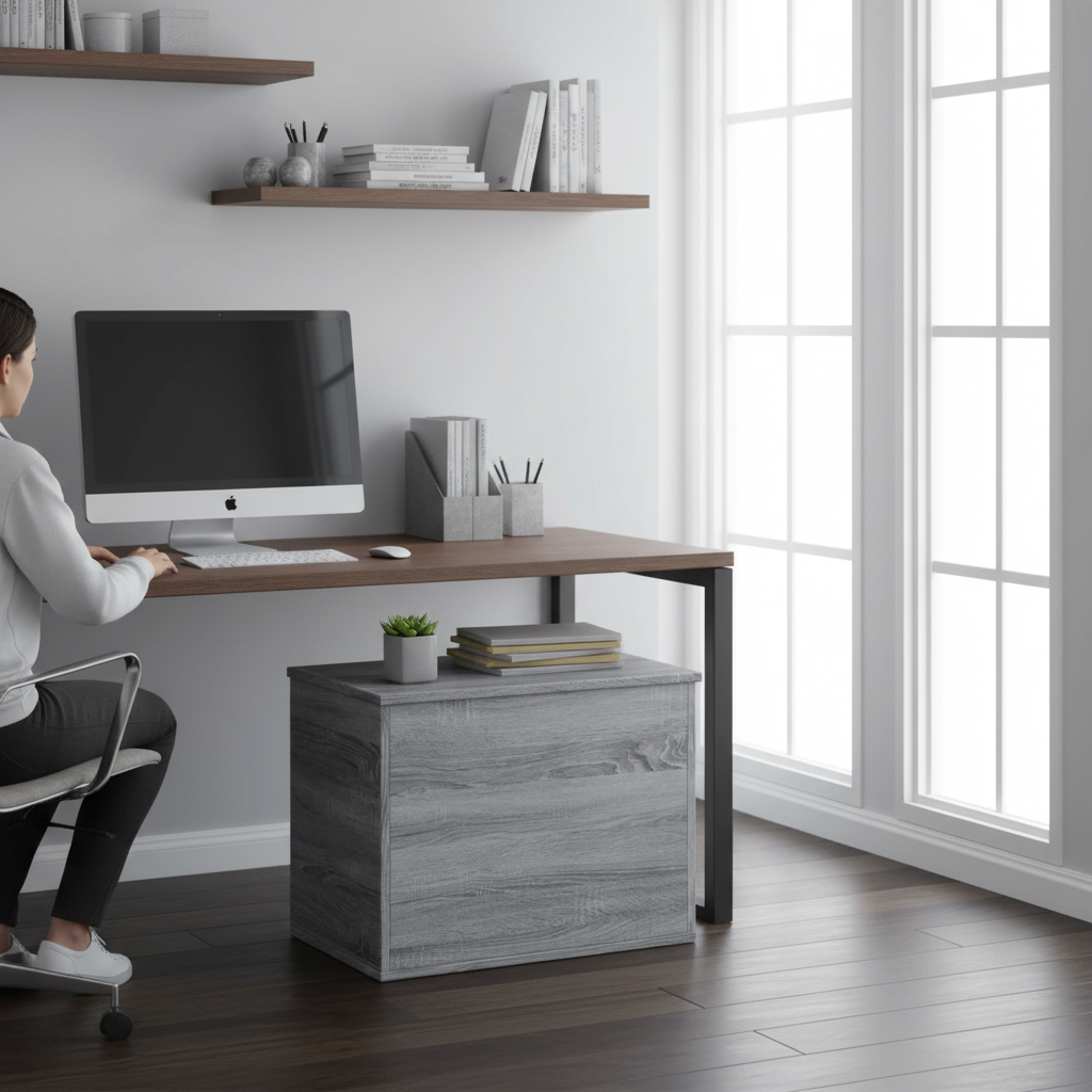 Grijze opbergkist gesloten in thuiskantoor