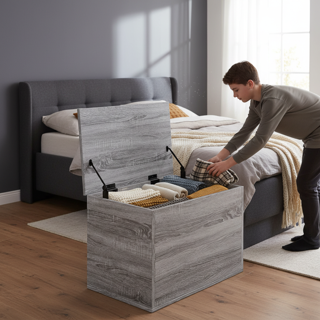 Grijze opbergkist met open deksel in eigentijdse slaapkamer