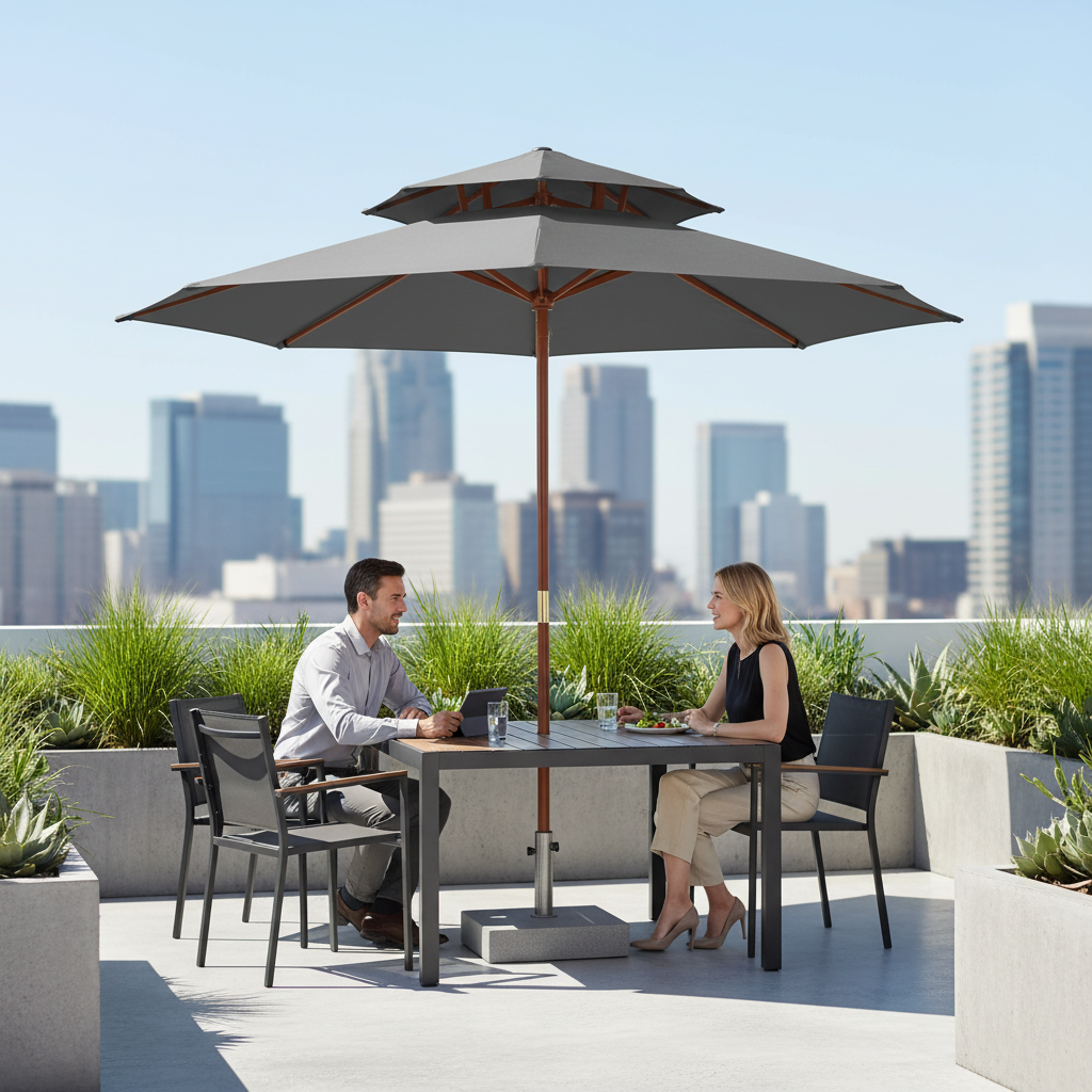 Grijze parasol op modern dakterras