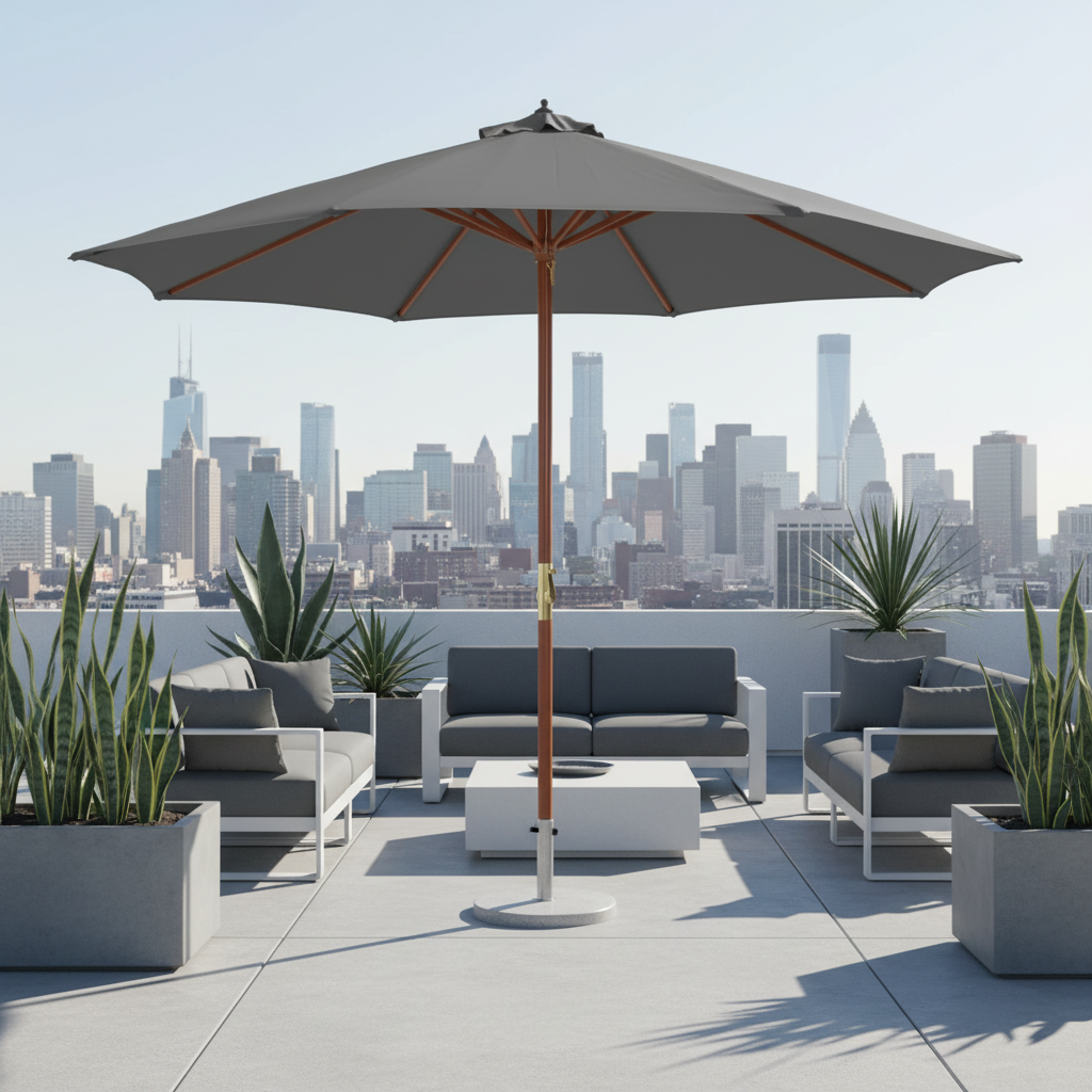 Grijze parasol op modern rooftop terras