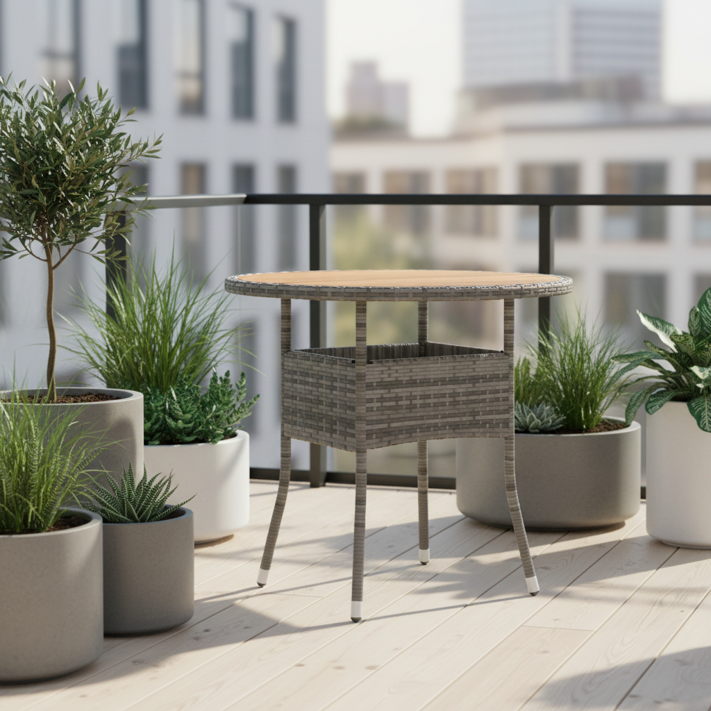 Grijze ronde rotan tafel op balkon