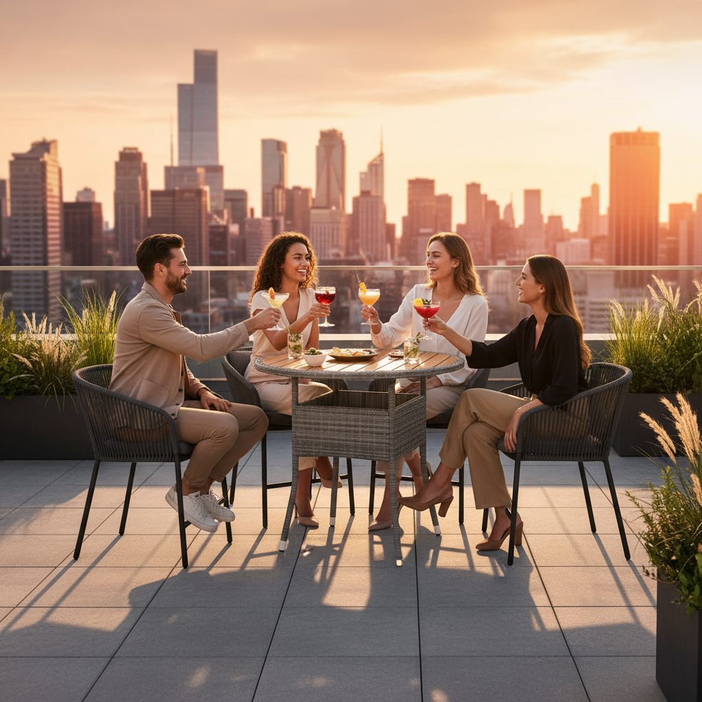 Grijze ronde rotan tafel op rooftop