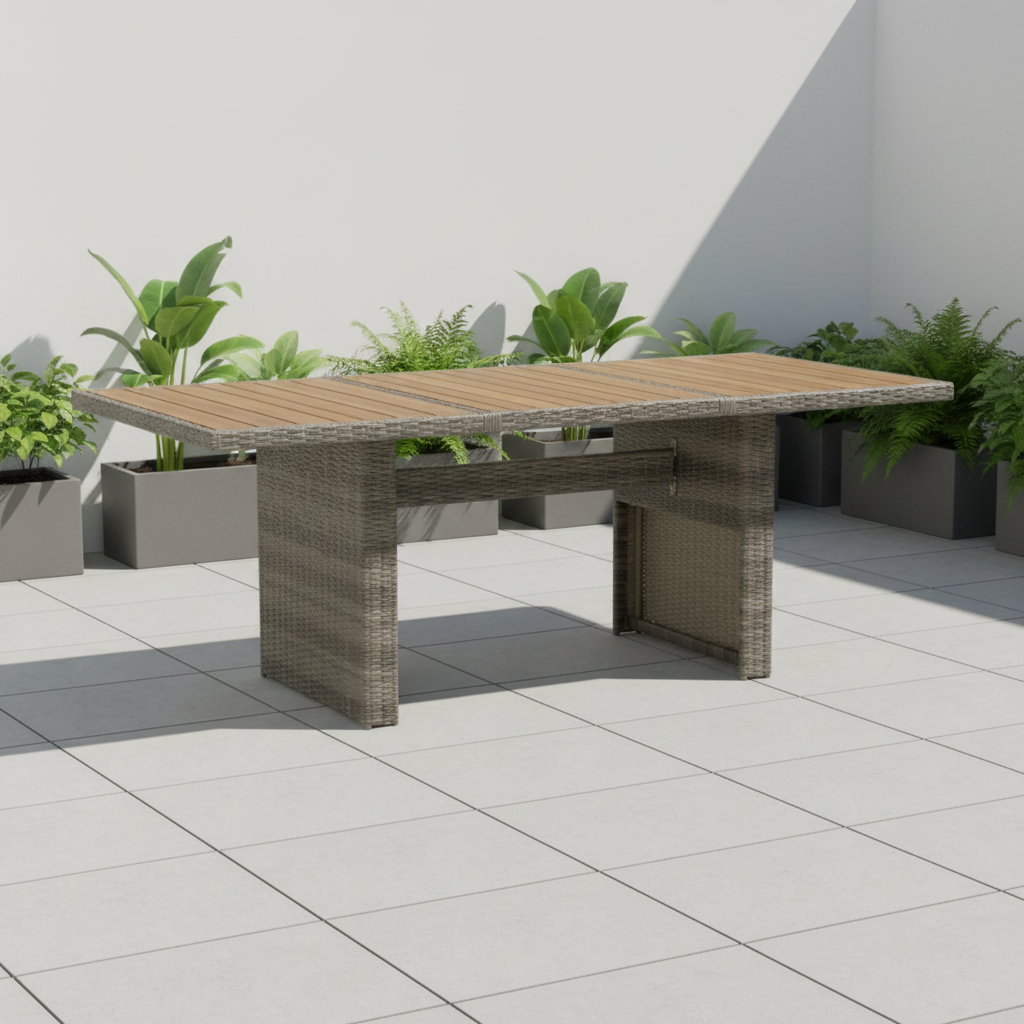 Grijze rotan tafel met houten blad