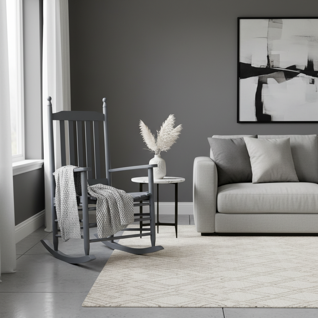 Grijze schommelstoel in moderne woonkamer