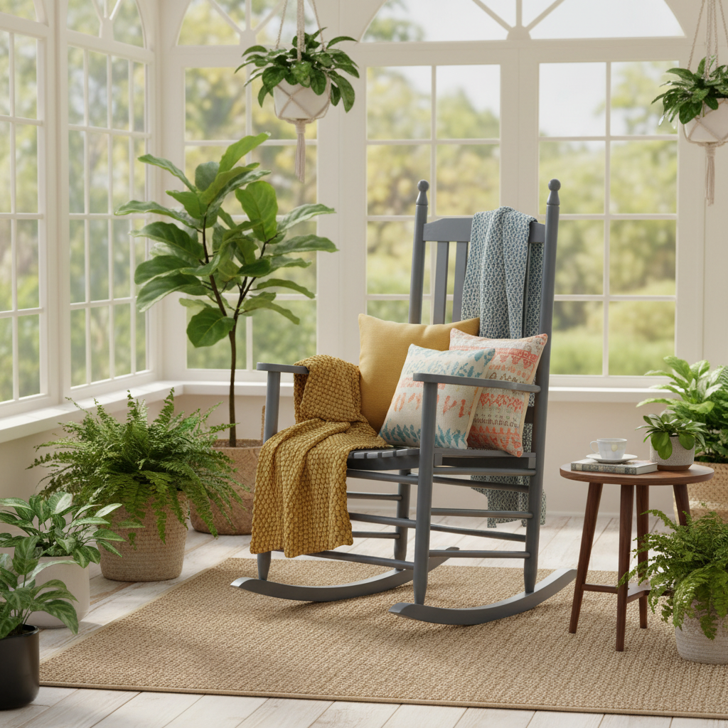 Grijze schommelstoel met gekleurde accenten