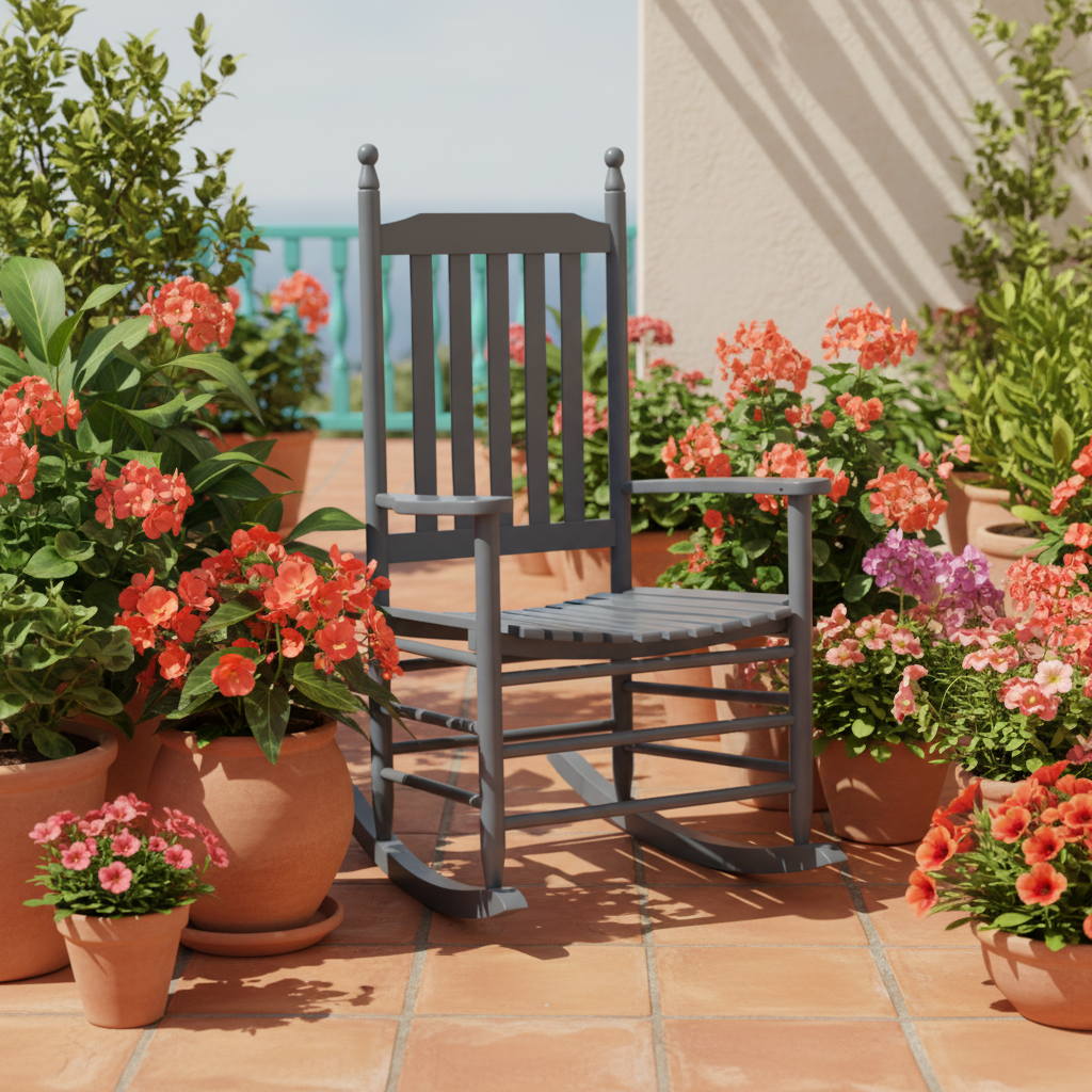 Grijze schommelstoel met kleurrijke planten