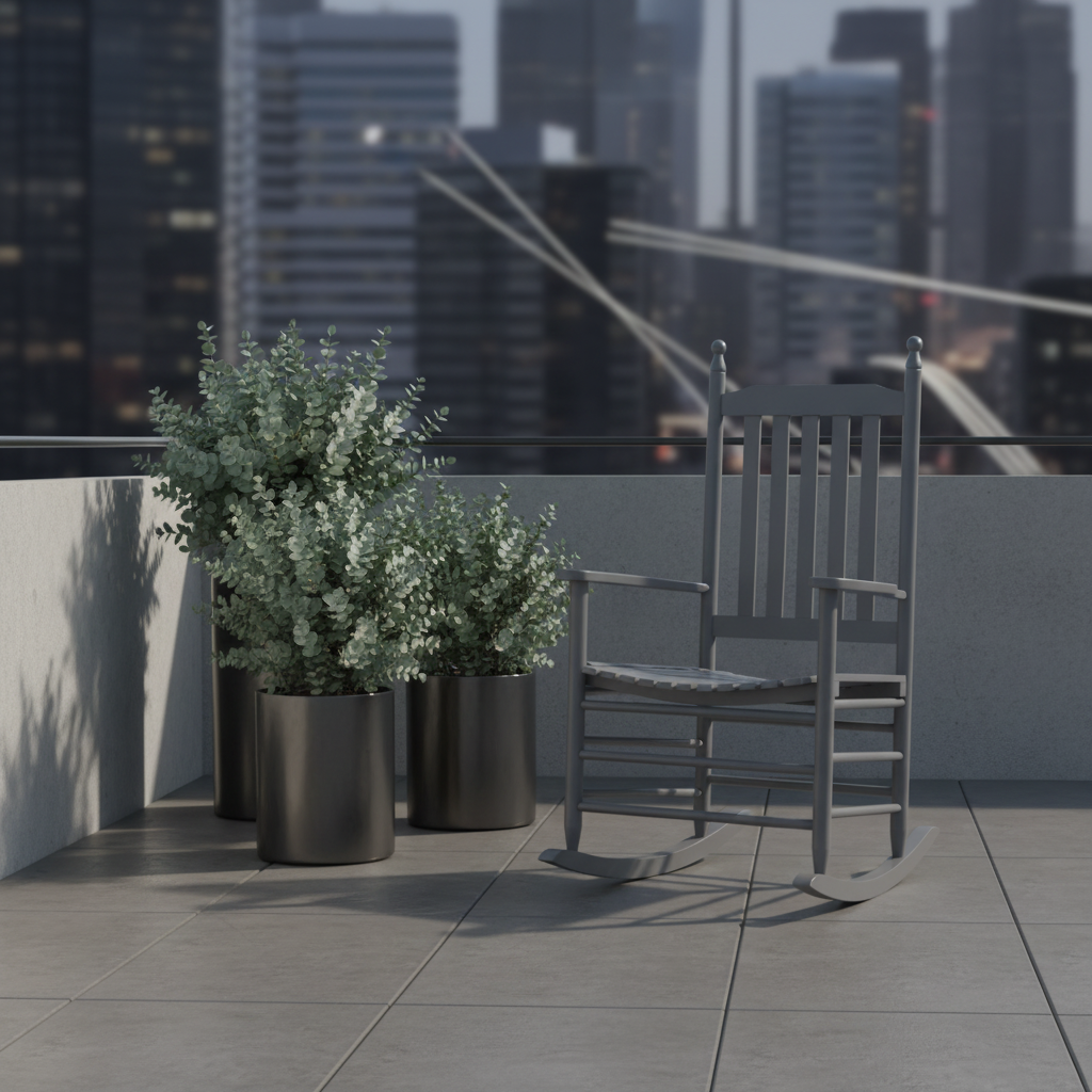 Grijze schommelstoel op betonnen terras