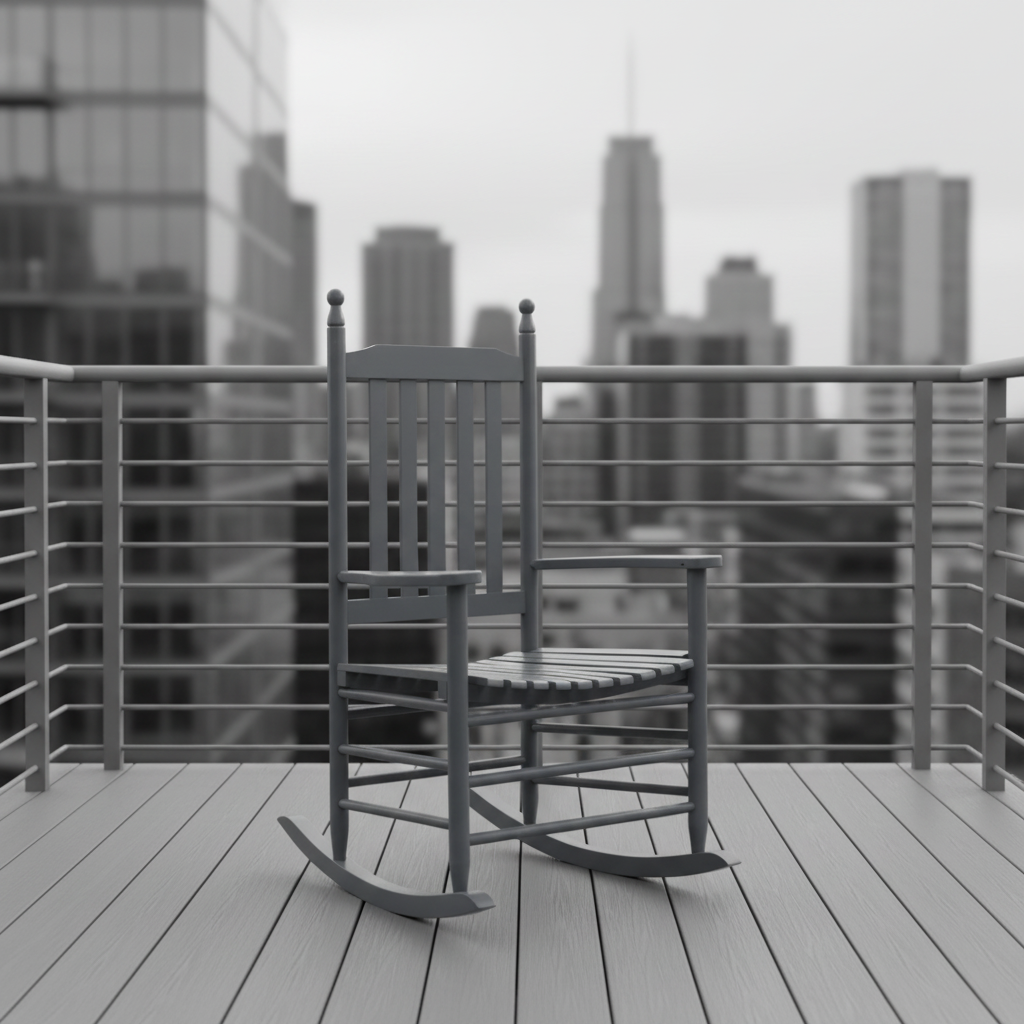 Grijze schommelstoel op modern balkon