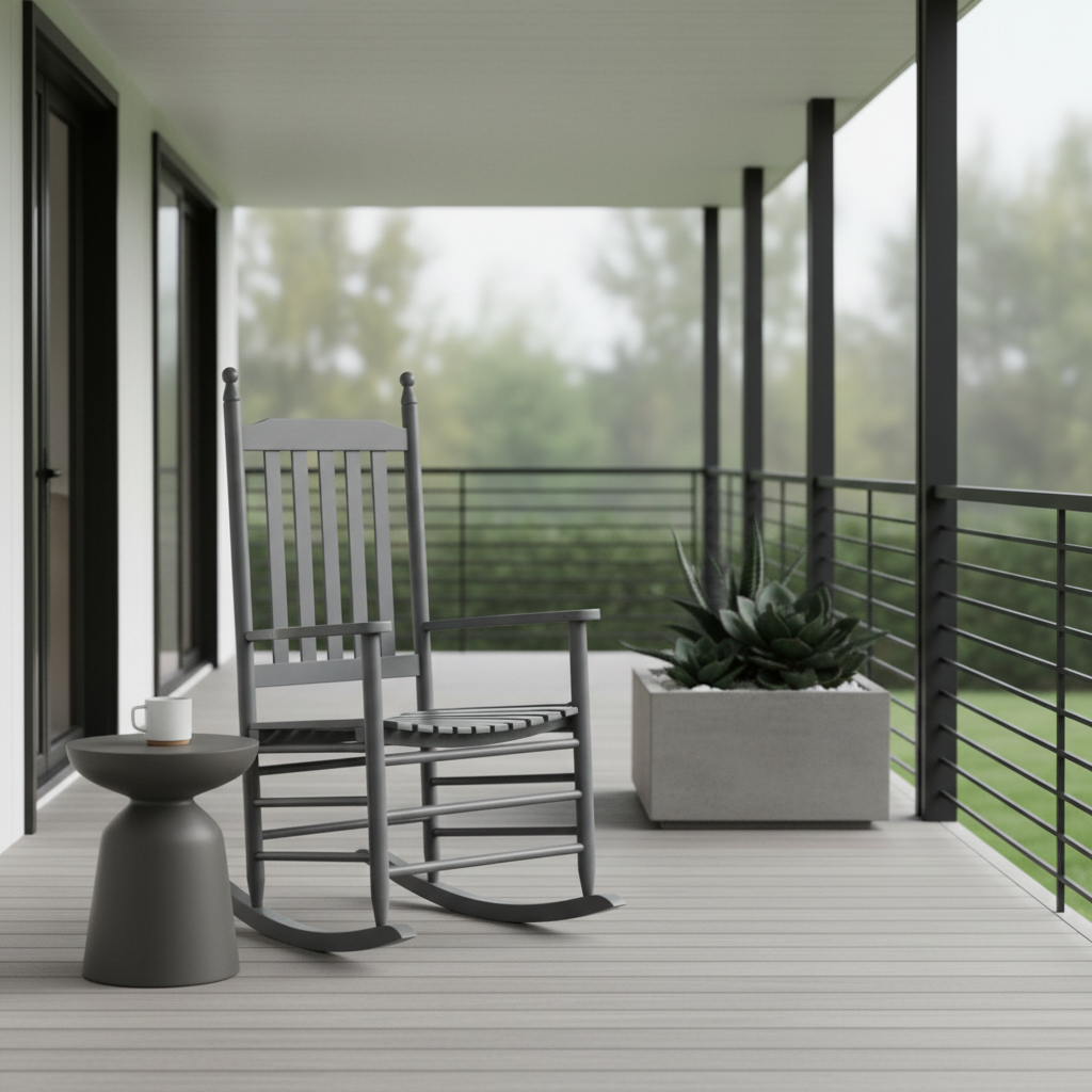 Grijze schommelstoel op modern terras