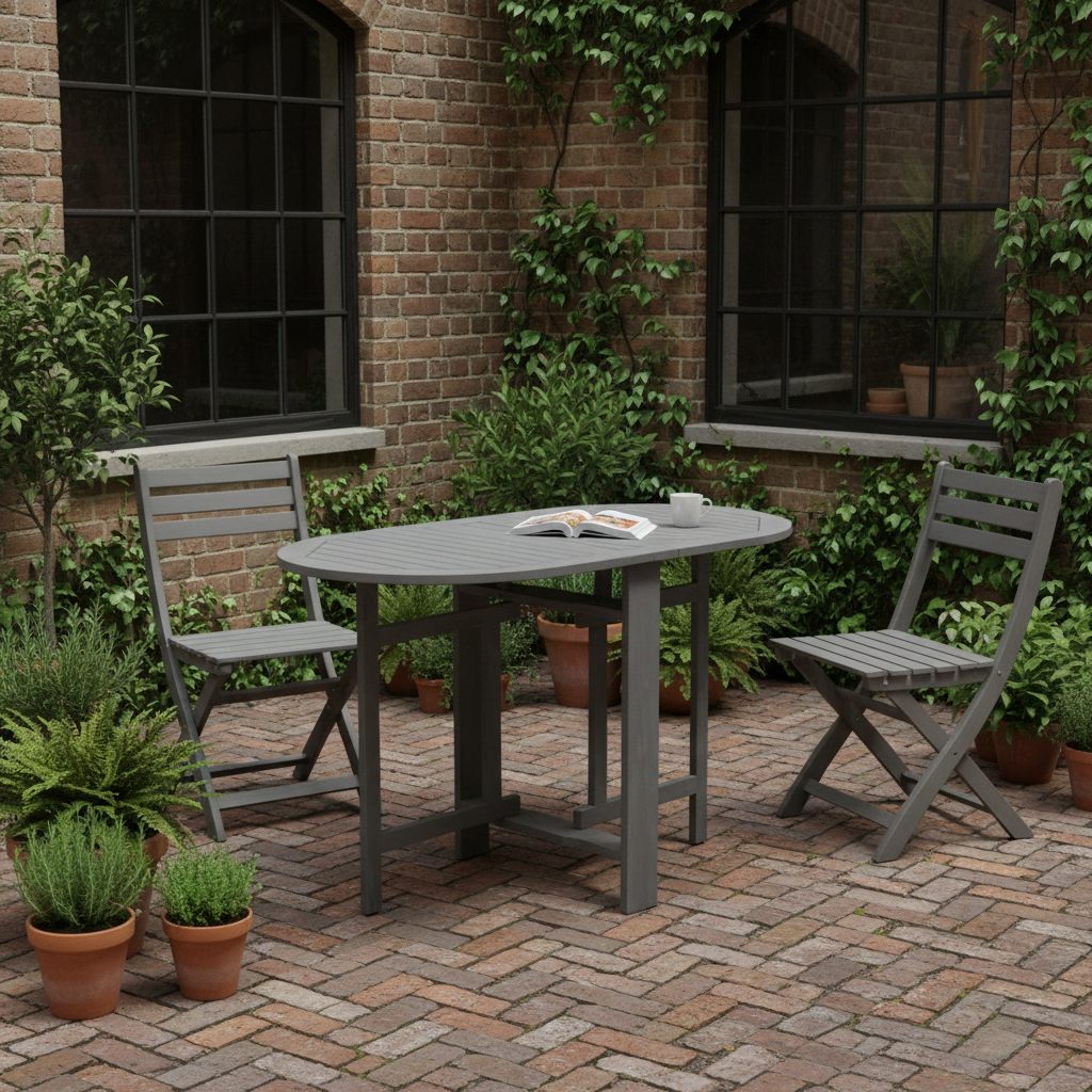 Grijze tafel met geschrankte poten in stadstuin