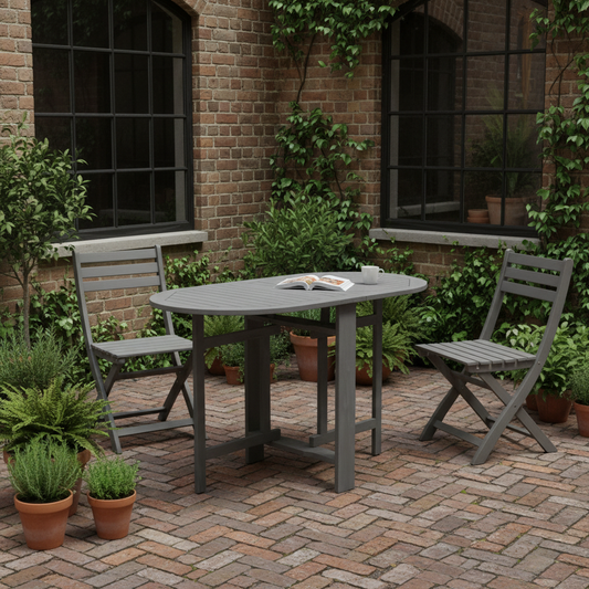 Grijze tafel met geschrankte poten in stadstuin