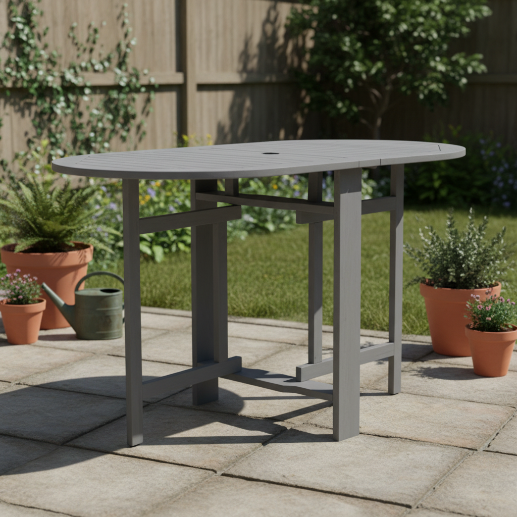 Grijze tafel met geschrankte poten in tuin