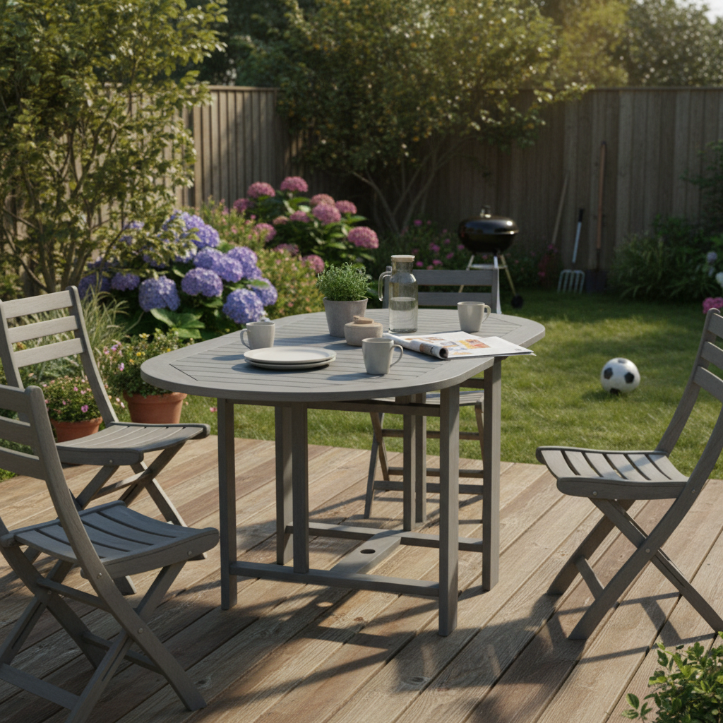 Grijze tafel met geschrankte poten op deck