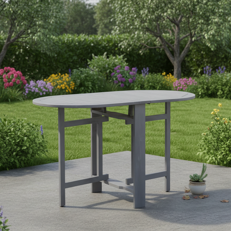 Grijze tafel met geschrankte poten op terras