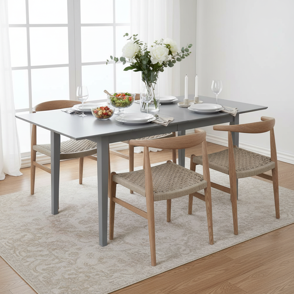 Grijze uitschuifbare eettafel in moderne eetkamer