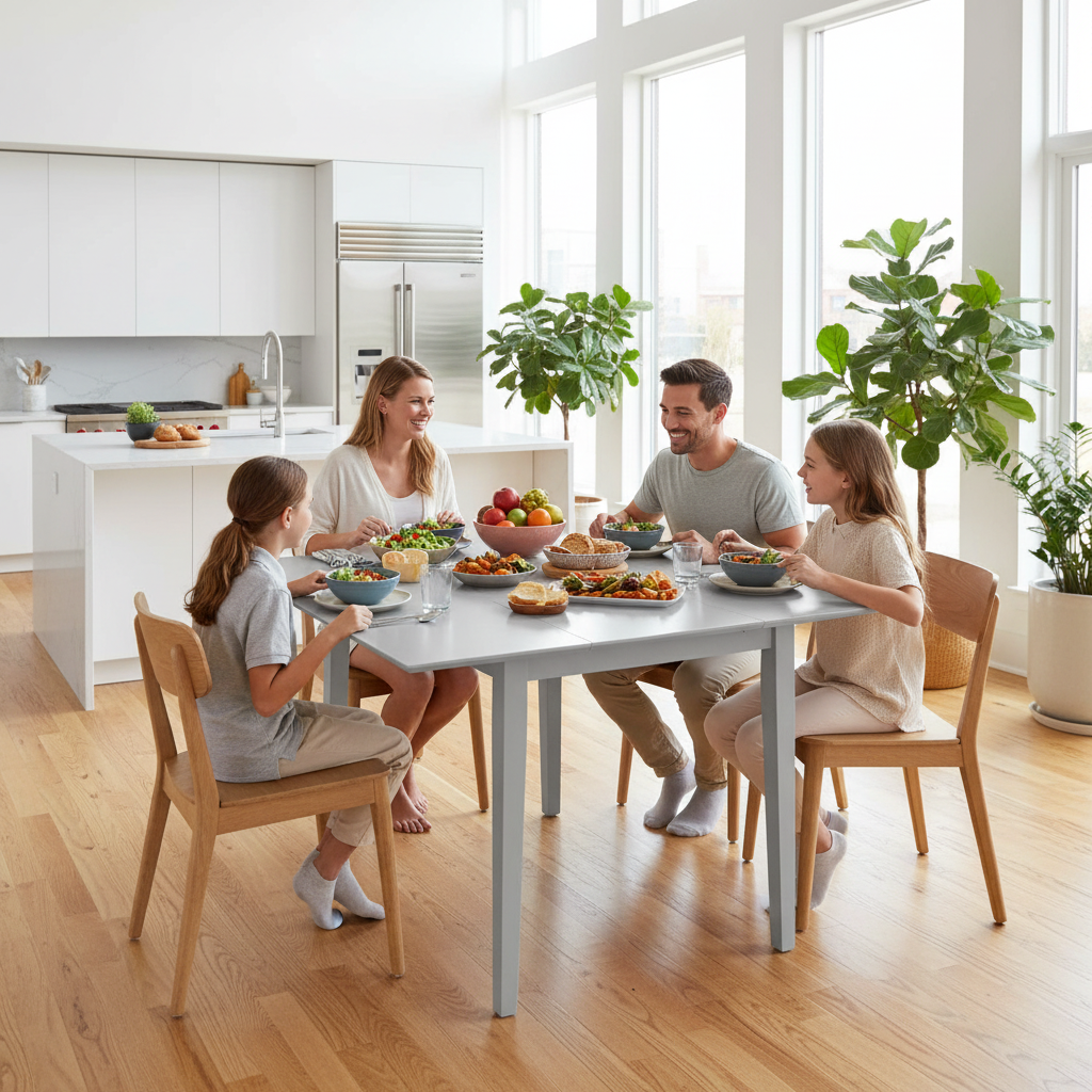 Grijze uitschuifbare eettafel met familie