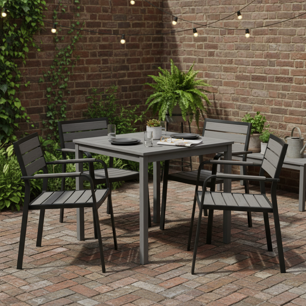 Grijze vierkante tafel stadstuin