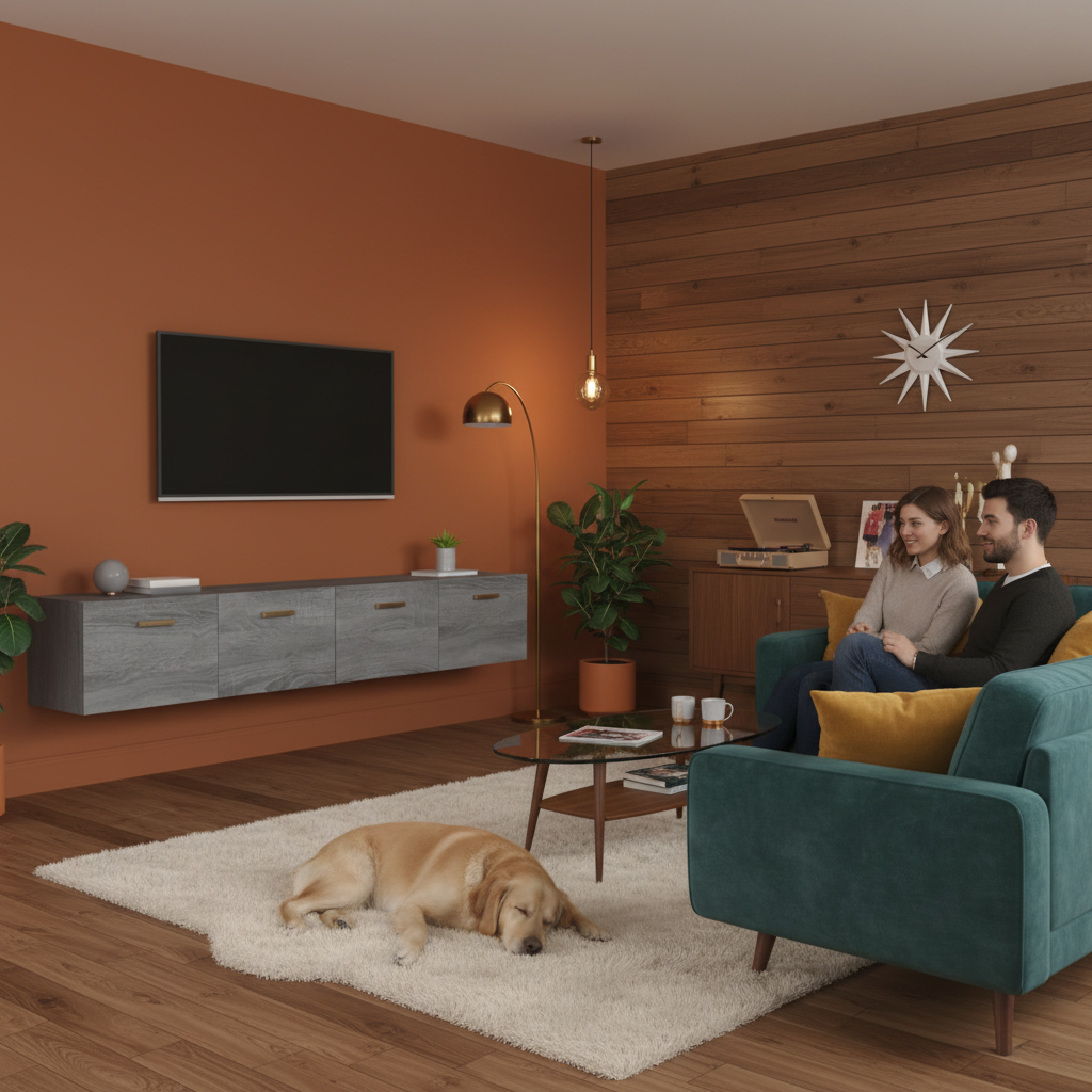 Grijze wandkasten 100cm met TV in mid-century interieur