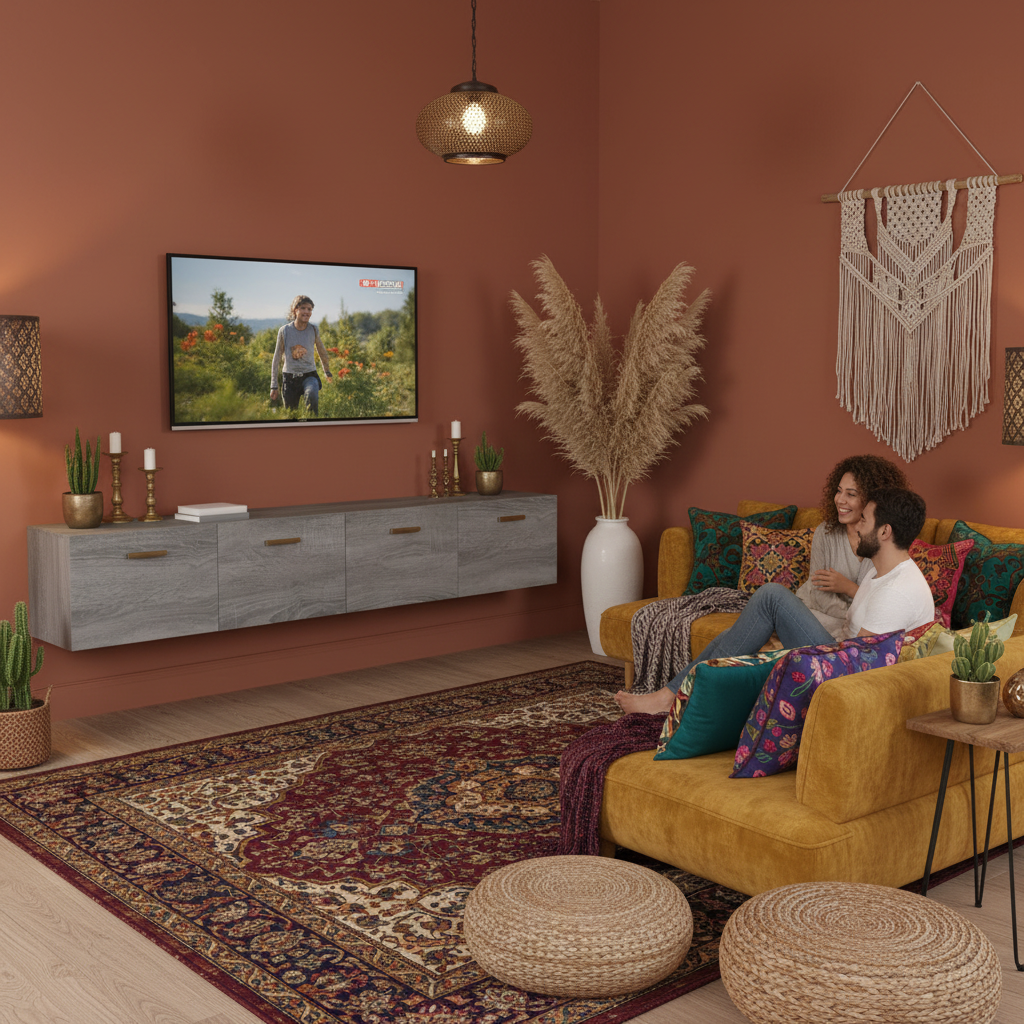 Grijze wandkasten 60cm met TV in bohemian interieur