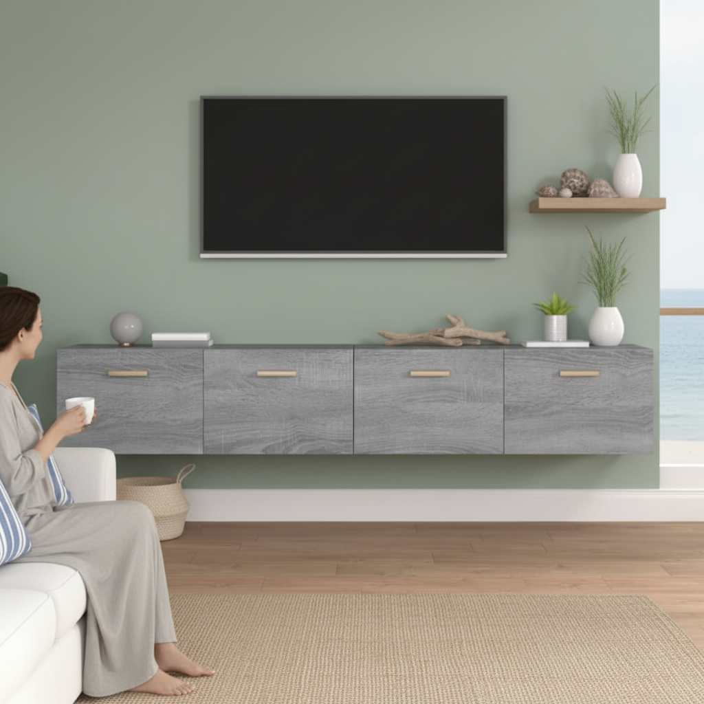 Grijze wandkasten 60cm met TV in coastal interieur