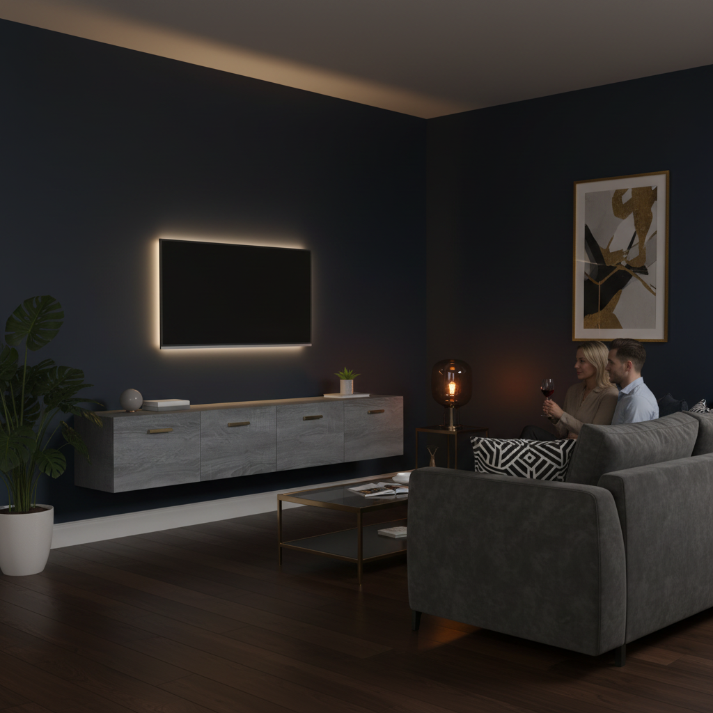 Grijze wandkasten 80cm met TV in contemporary interieur