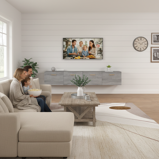 Grijze wandkasten 80cm met TV in farmhouse interieur