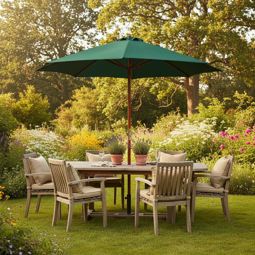 Groene parasol in landelijke tuin