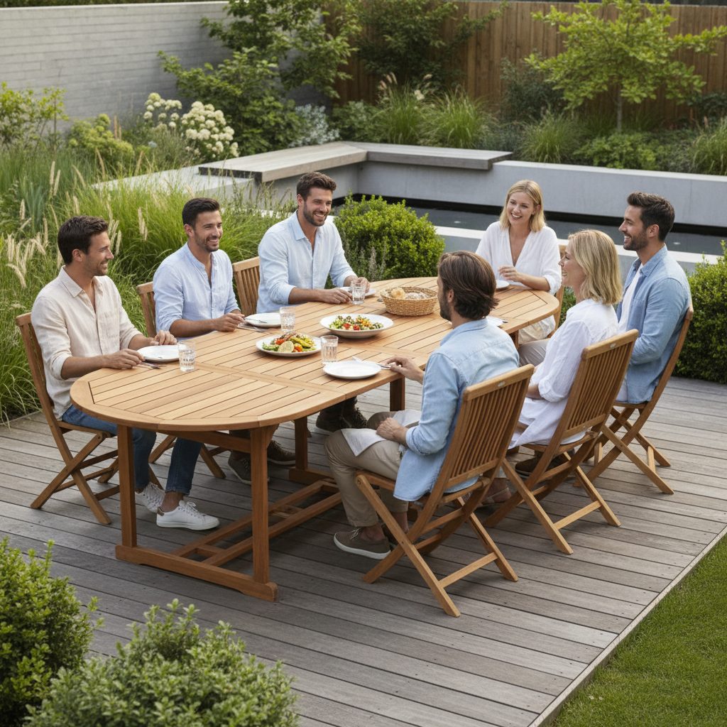 Groep mensen aan extra grote ovale tuintafel