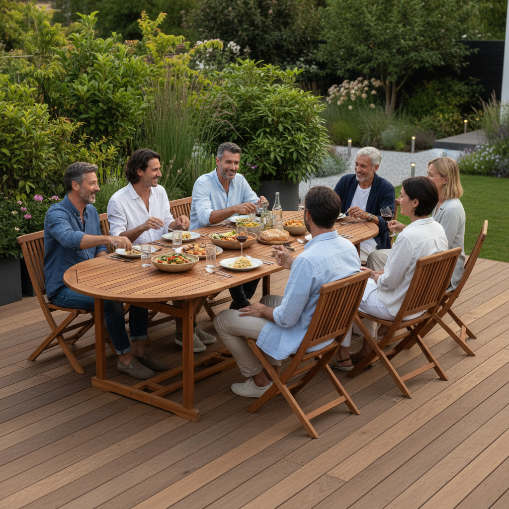 Groep mensen aan grote ovale tuintafel