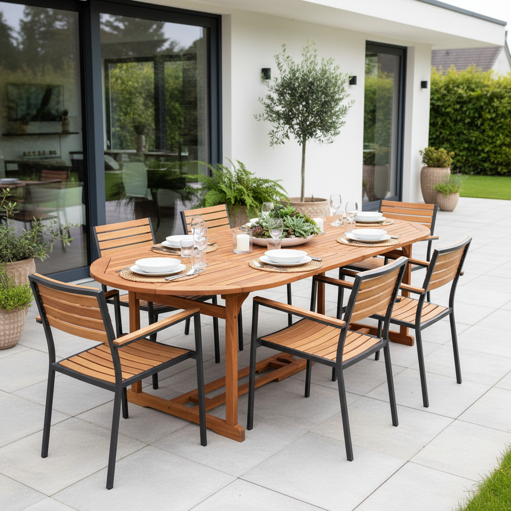 Grote ovale tuintafel op ruim terras