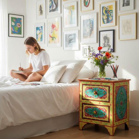 Handbeschilderd nachtkastje in artistieke kamer