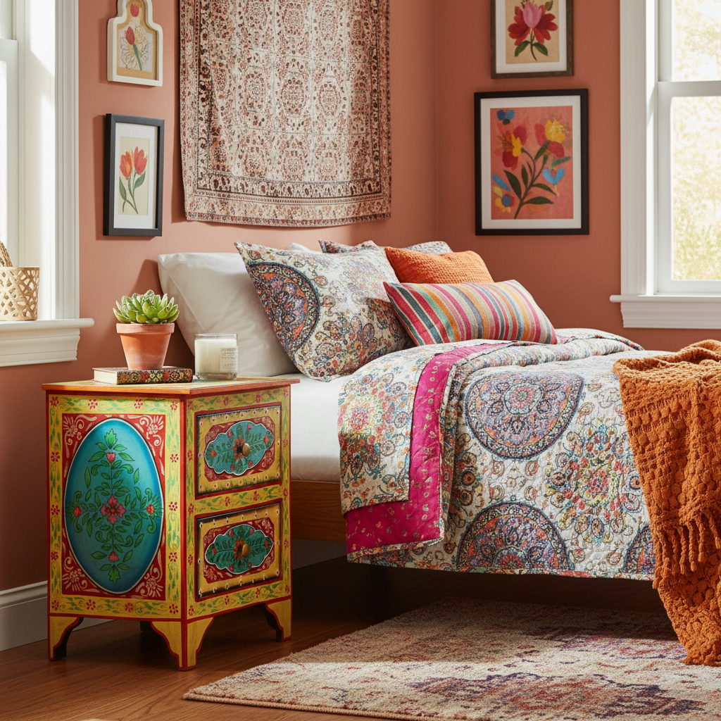 Handbeschilderd nachtkastje in bohemian kamer