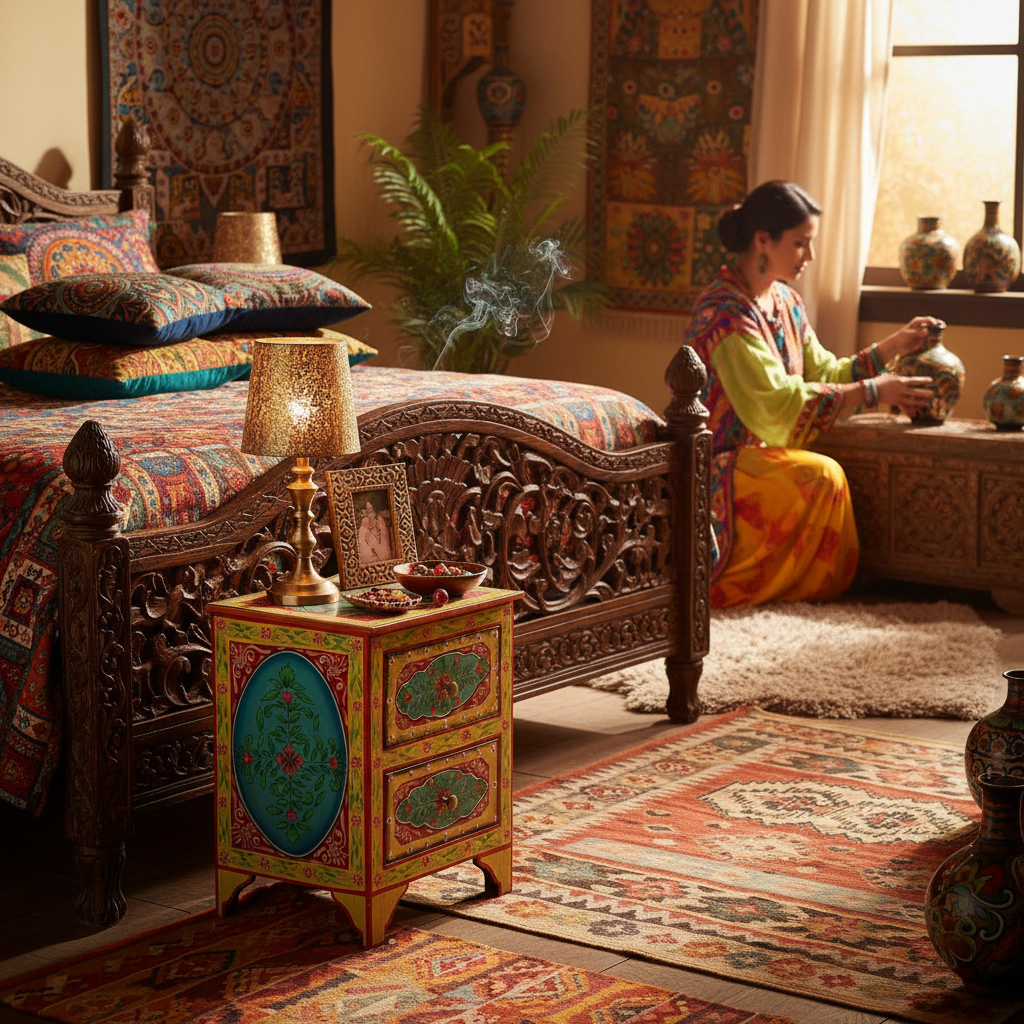 Handbeschilderd nachtkastje in global-inspired kamer