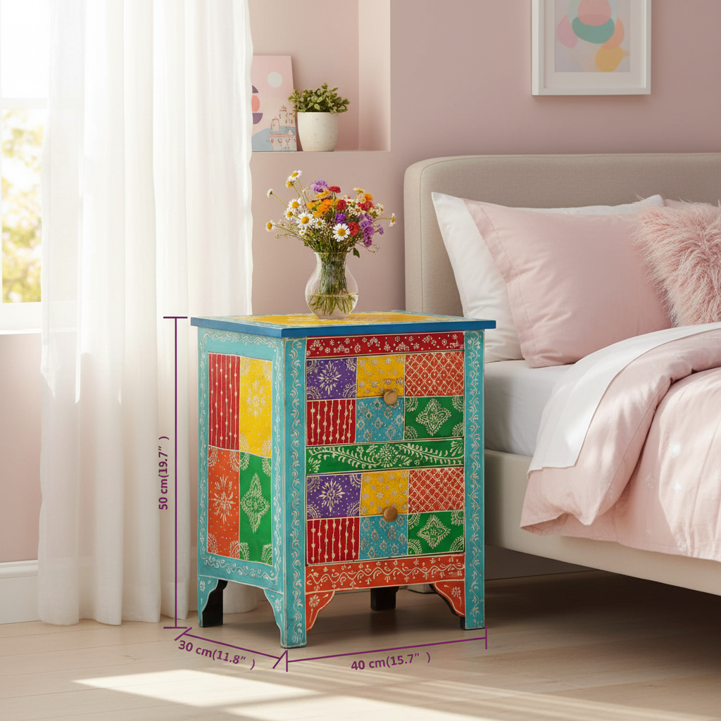 Handbeschilderd nachtkastje met afmetingen in meisjeskamer