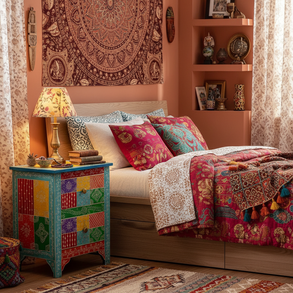 Handbeschilderd patchwork nachtkastje in bohemian kamer