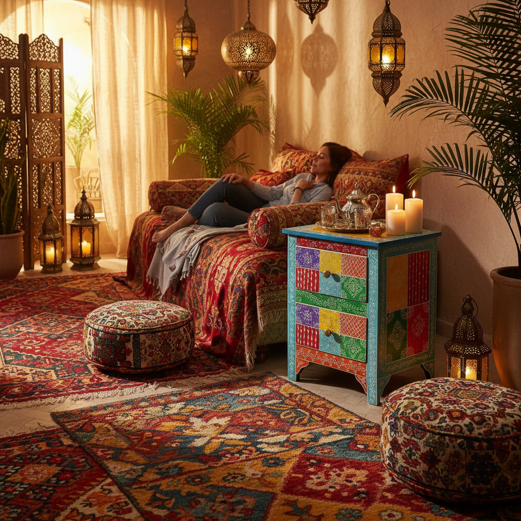 Handbeschilderd patchwork nachtkastje in Marokkaanse kamer
