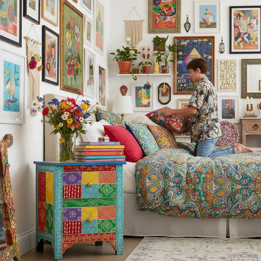 Handbeschilderd patchwork nachtkastje in maximalist kamer