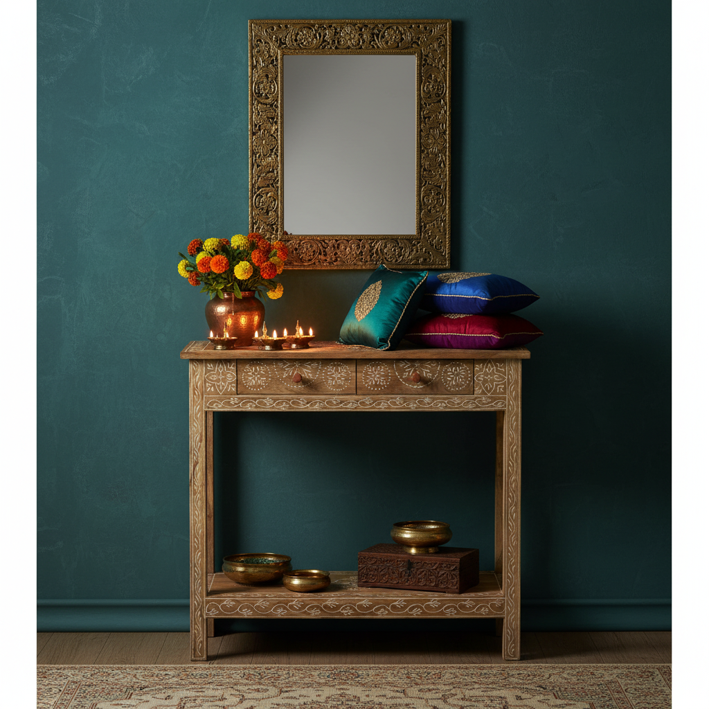 Handbeschilderde sidetable in Indisch interieur