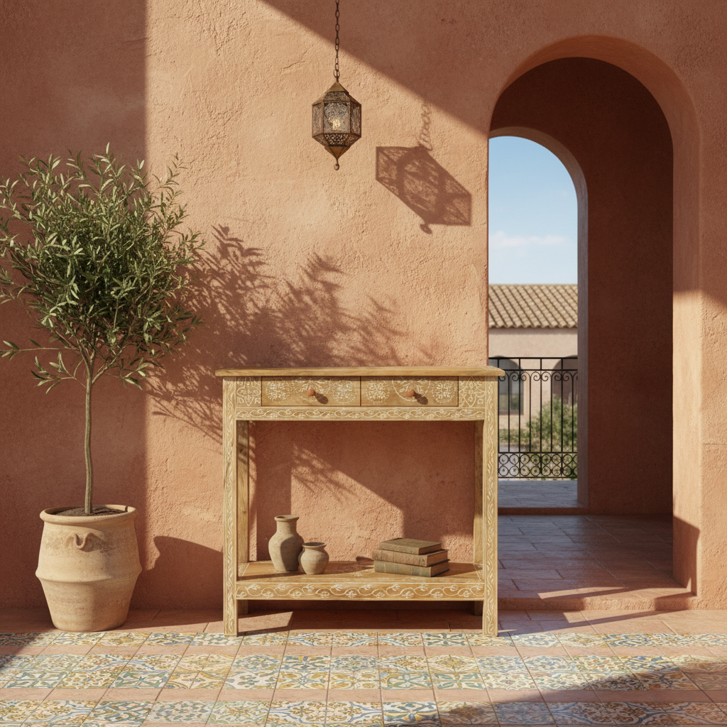 Handbeschilderde sidetable in Mediterraans interieur