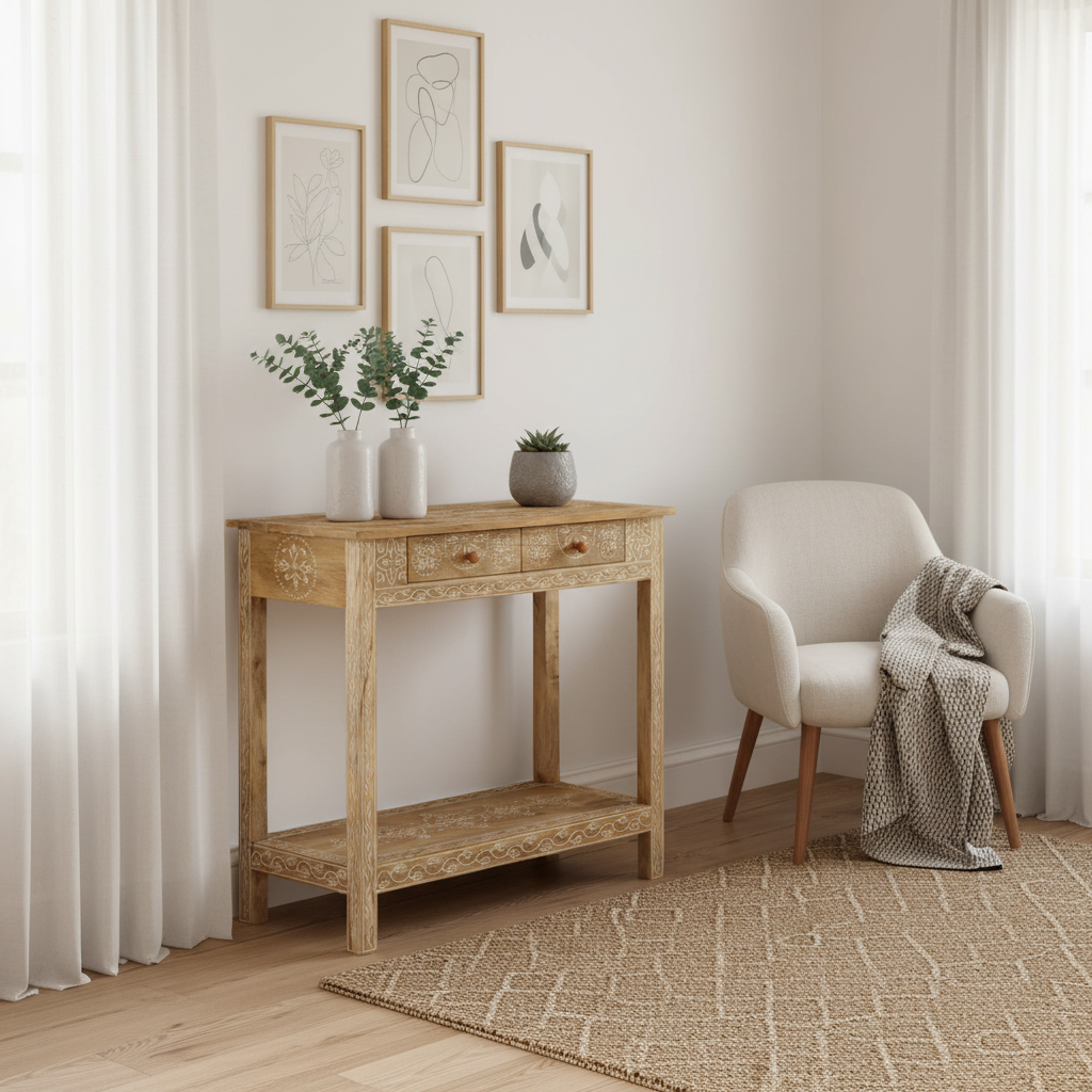 Handbeschilderde sidetable in Scandinavisch interieur