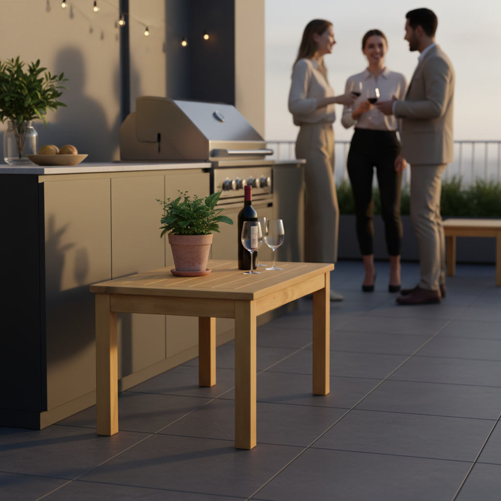 Hardhouten tuintafel bij buitenkeuken